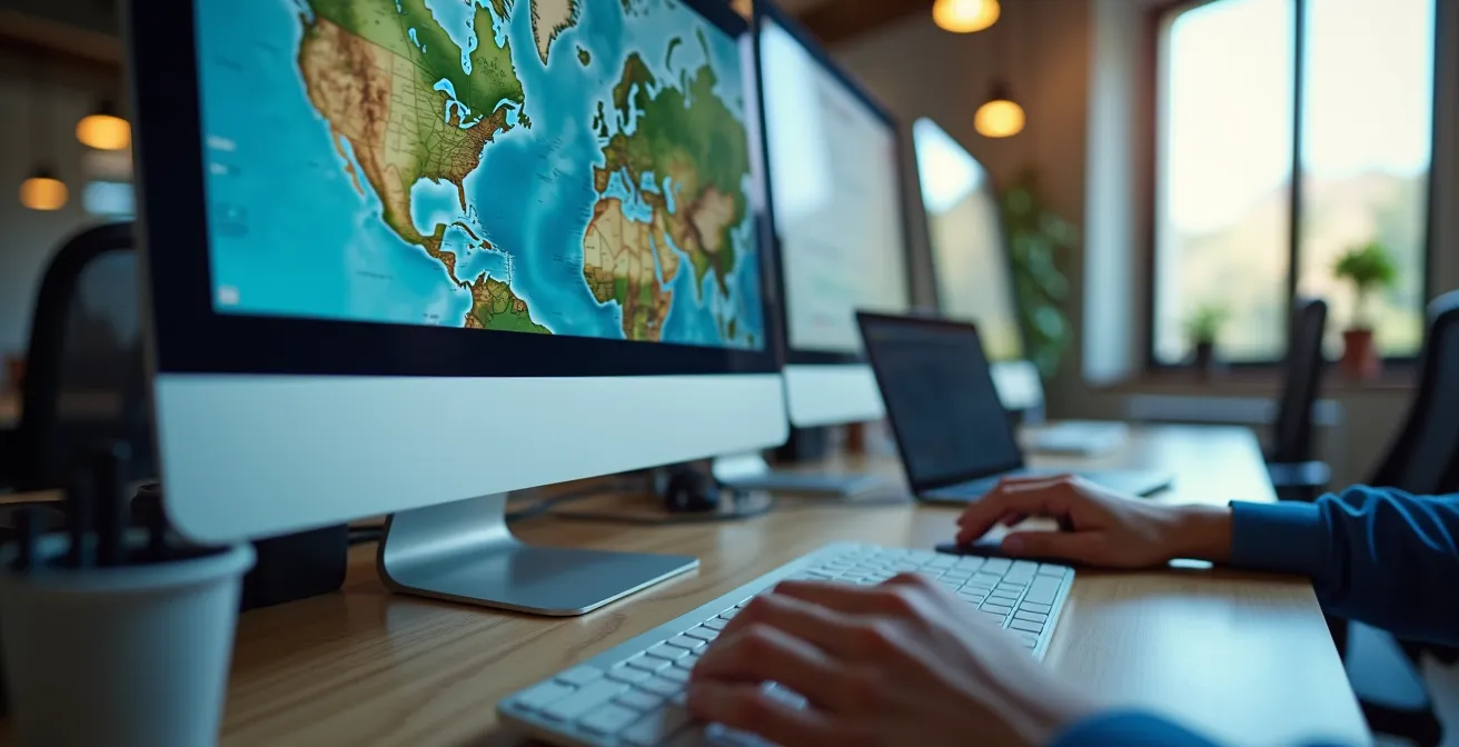 Vue réaliste d’un ordinateur de gestion logistique avec écran affichant des cartes GPS et itinéraires, lumière naturelle et ambiance de bureau moderne