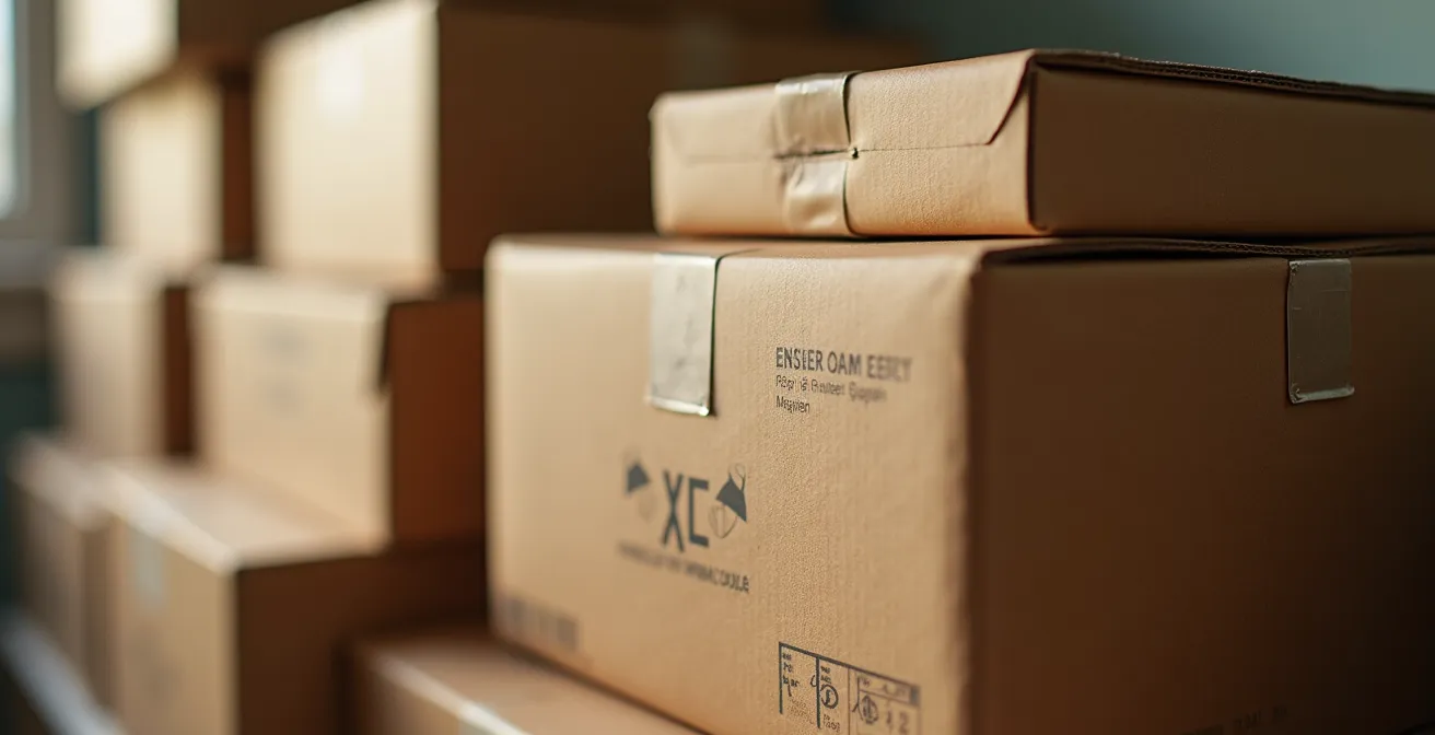 Intérieur de box de stockage méthodiquement organisé avec étiquettes