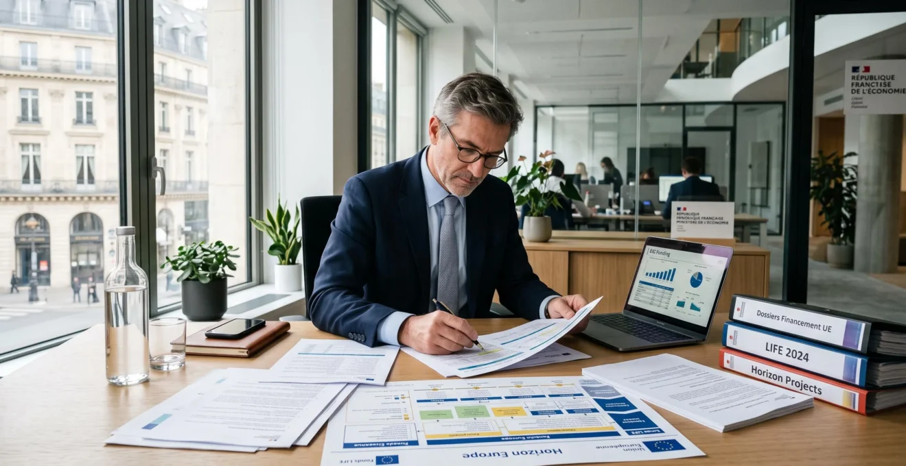 Cadre examinant des documents financiers complexes concernant les financements européens pour le transport.