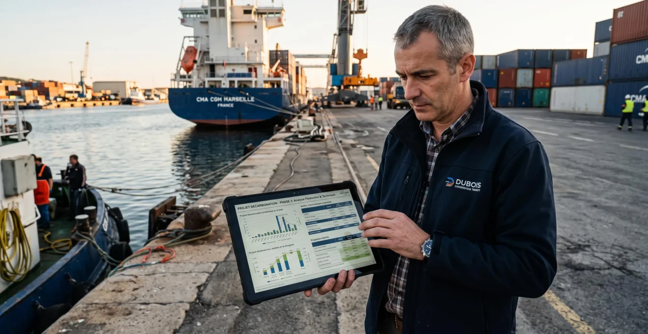 Entrepreneur analysant des dispositifs de financement sur tablette dans une installation logistique.