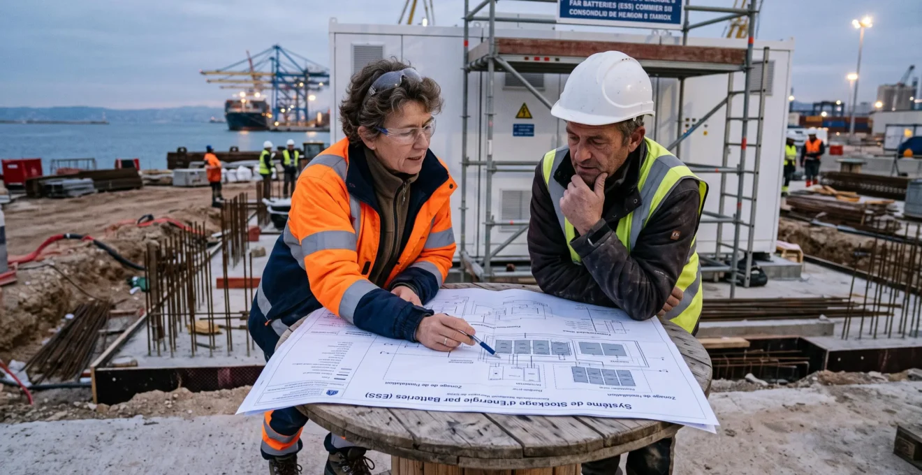 Expert et contremaître discutant de l'installation d'un équipement de décarbonation sur un site industriel.