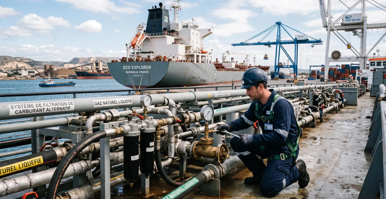 Technicien inspectant le système de propulsion décarboné d'un navire dans un port français.